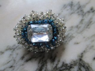 Vintage Brooch White Rhinestone And Little Blue And White Beads photo