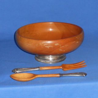 Vintage Sterling Silver & Wood Sald Set - Bowl W/ Matching Fork And Spoon photo