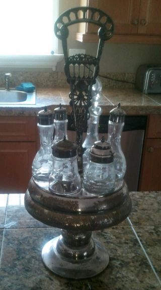 Ornate Silver 6 Bottle Castor Condiment Server Set Cut Glass & Etched photo