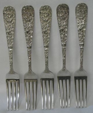 Rose Repousse Stieff Sterling Silver Fork 6 7/8” Set Of 5 photo