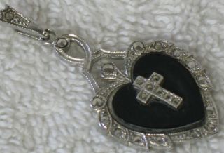 Ann Gale Sterling Silver Vintage Pendant Marcastite Onyx Heart Cross photo