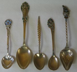 Sterling Silver And Enamel Souvenir Spoons Set Of 5 Whiting Andersen Watson R&b photo