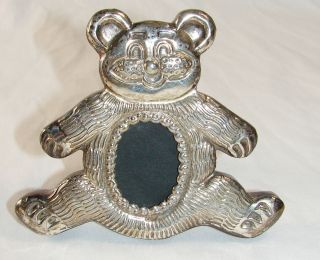 Vintage Teddy Bear Sterling Silver & Wood Picture Frame photo