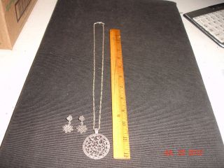 Vintage Sterling Silver Necklace Pendant & Earrings Set W/black Marcasite Gems photo