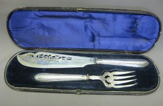 Antique Wilkinson Sterling Silver Fish Serving Meat Fork & Knife Set W/case photo