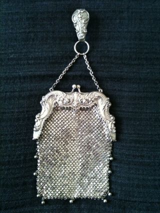 Vintage Sterling Silver Heavy / Large Mesh Chatelaine Purse With Hook.  203g photo