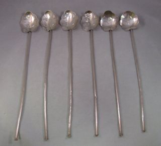 Set Of 6 Leaf Design Sterling Silver Mint Julep Stir Spoons Straws Cuernavaca photo