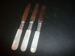 Mother Of Pearl Dessert Knives - Handle With Sterling Silver Band (3) photo