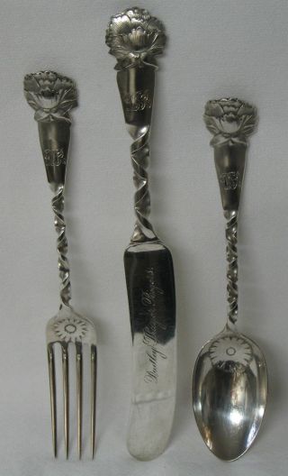 Peony No.  26 Whiting Sterling Silver Christening Set Fork Spoon Knife Aesthetic photo