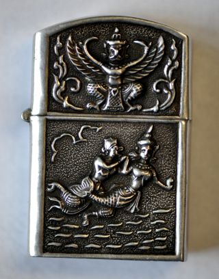Siam Thailand Sterling Silver Ornately Carved Picture Zippo Lighter Complete photo