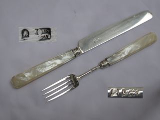 King George Iii Antique Sterling Silver/mother Of Pearl Pastry Fork & Knife 1795 photo