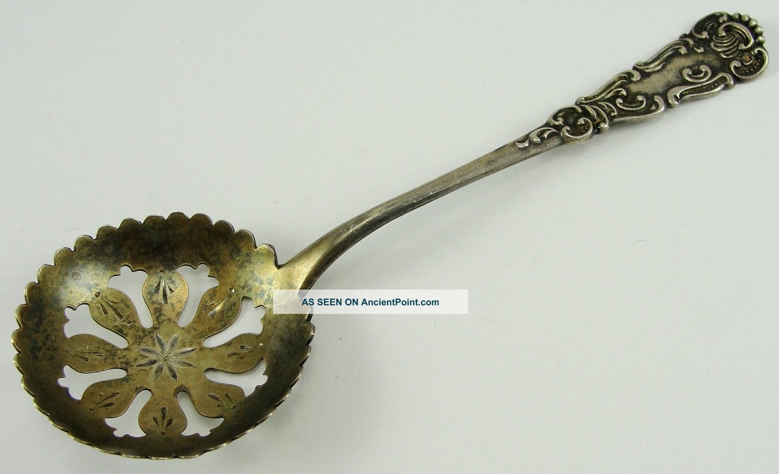 Antique Sterling Silver Pierced Bowl Bon Bon Spoon Gold Wash 5 - 1/8 