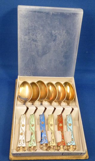 Box Set Of 6 Sterling & Enameled Demitasse Spoons photo