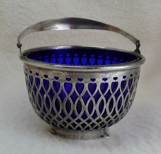 Vintage Webster Sterling Silver Woven Basket W/ Cobalt Blue Liner photo