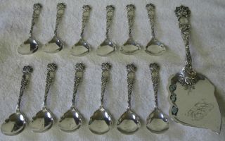 Bridal Rose Alvin Sterling Silver Ice Cream Slice Server & 12 Spoons photo