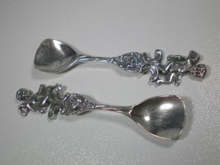 Pair Vintage Sterling Figural Cherub Salt Spoons 2 - 1/4 