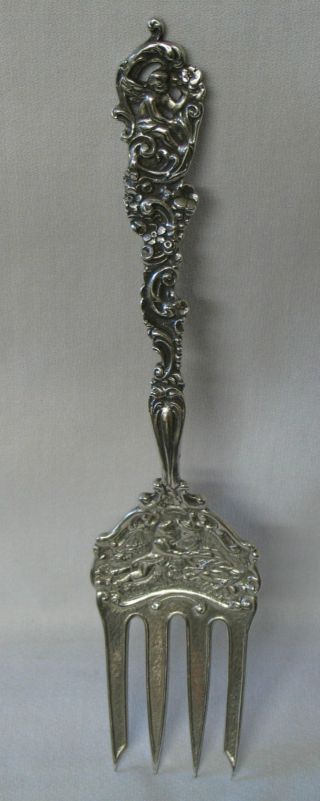 Marshall Fields & Co Sterling Silver Cold Meat Fork Cherub & Scroll Picnic photo