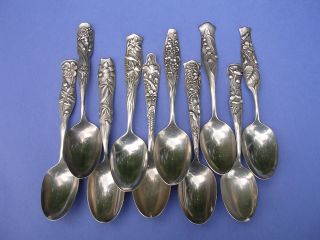 10 Rare Antique Nouveau Flower Shiebler Flora Sterling Silver Spoons No Monogram photo