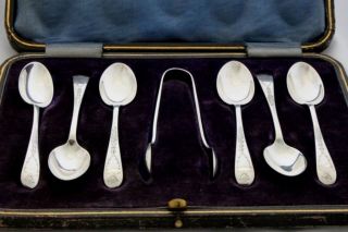 Sheffield England Sterling Silver Spoons & Sugar Nips Set 1913 photo