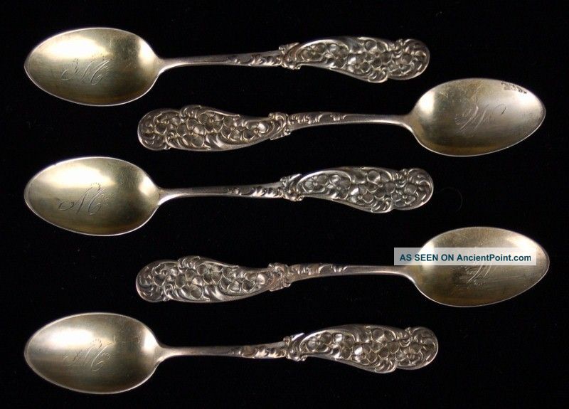 Set 5 Antique Frank Whiting Floral Sterling Demitasse Spoons Monogrammed M Other photo