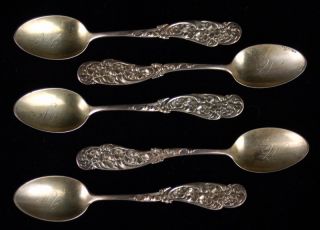 Set 5 Antique Frank Whiting Floral Sterling Demitasse Spoons Monogrammed M photo