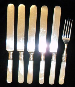 Antique Meridien Cutlery Co.  Sterling Bands Pearl Handles No Monogram 6 Pieces photo
