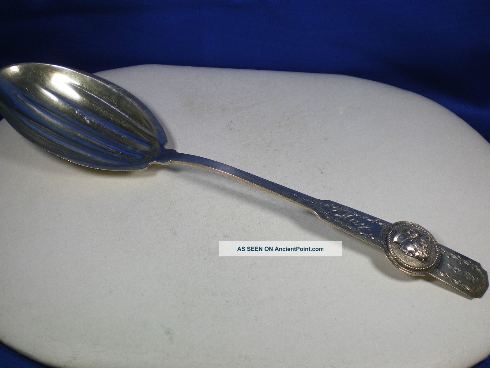 Rare Antique Coin Silver Medallion Serving Spoon Ribbed Bowl 8 - 1/4 