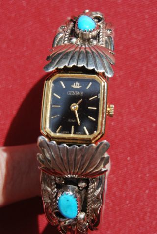 Sterling Womans Watch - Quartz - Sterling Band With Turquoise - Made By Jj photo