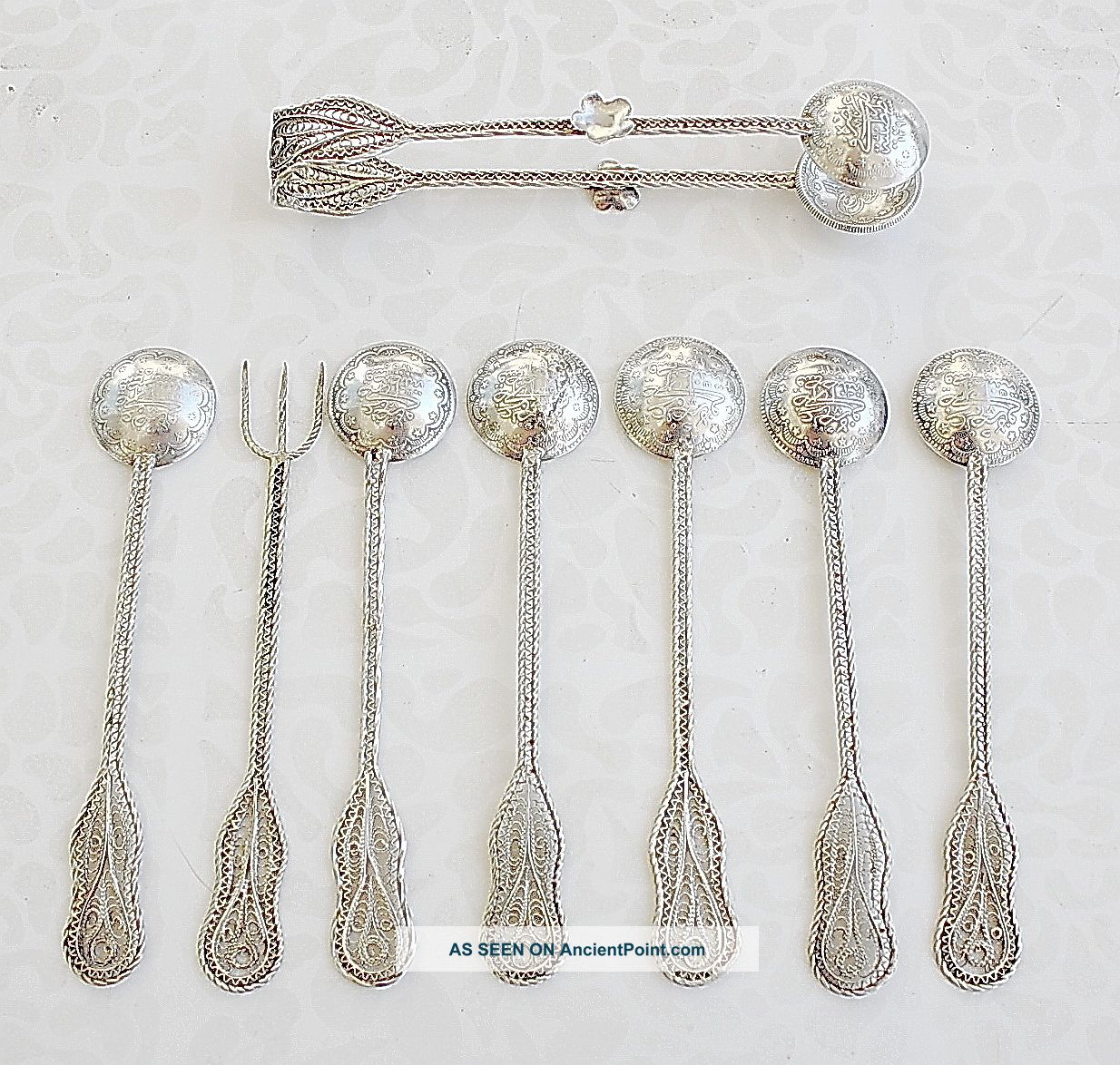 Antique Ottoman Turquie Filigree Silver Sterling Coin Tea Set Spoons,  Tongue,  Fork Other photo
