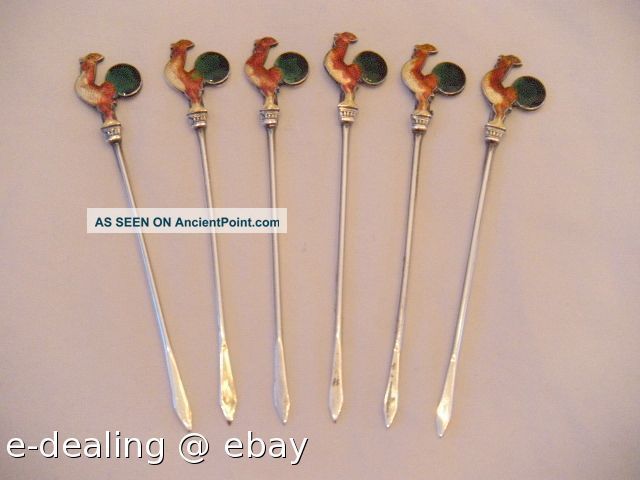 6 Gorgeous Enamel Silver Rooster Cocktail Martini Picks Enameled Sterling Other photo