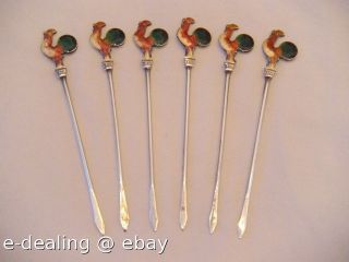 6 Gorgeous Enamel Silver Rooster Cocktail Martini Picks Enameled Sterling photo