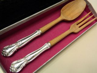 Vntg Web Sterling Silver & Wood Salad Set Fork Spoon Ancestry Pattern Mint W Box photo