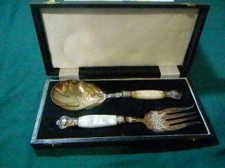 English Electroplate Silver Mother Pearl Spoon & Fork (jb) (s photo
