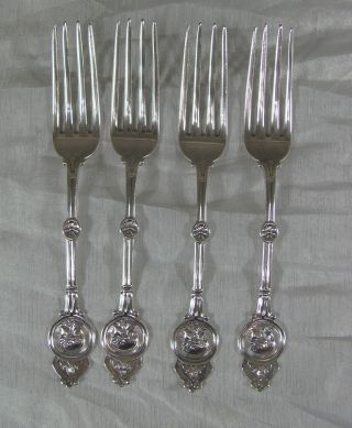 4 Antique Schulz & Fischer Medallion Sterling Silver Dinner Forks photo