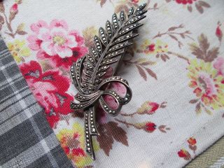Antique Brooch Silver Marcisite Bow With Branch photo