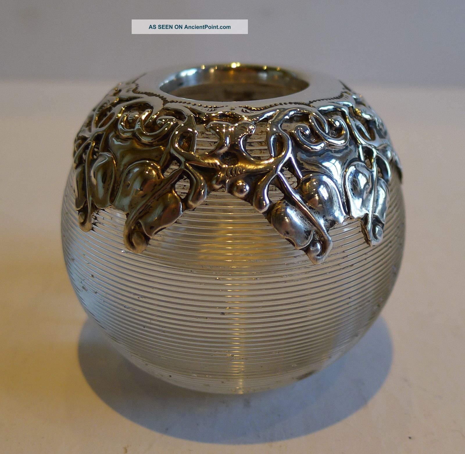 Antique English Threaded Glass Match Striker - Art Nouveau Sterling Silver Mount Other photo