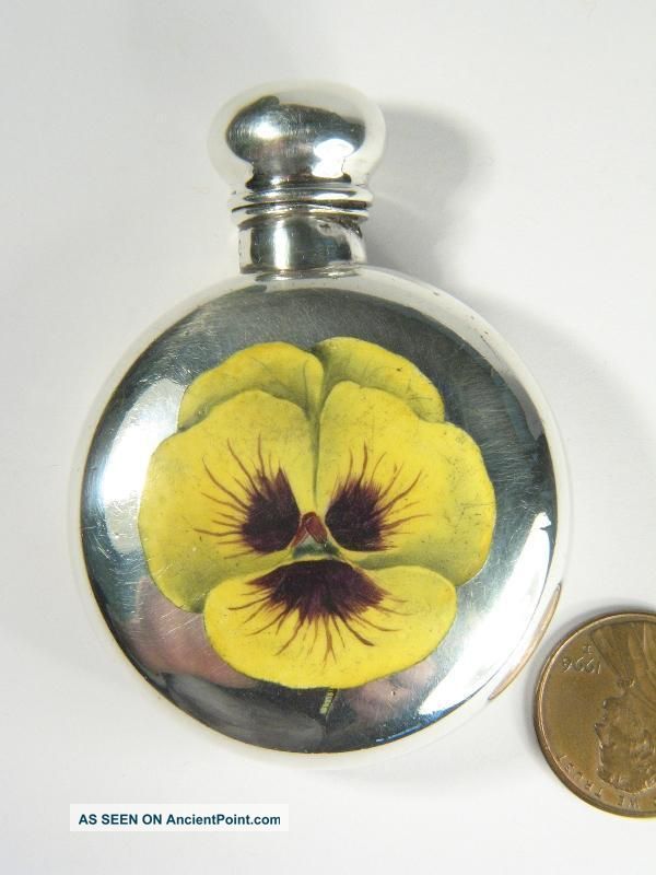Antique English Sterling Silver Enamel Pansy Scent Flask / Perfume Bottle C1896 Other photo