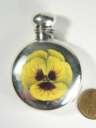 Antique English Sterling Silver Enamel Pansy Scent Flask / Perfume Bottle C1896 photo