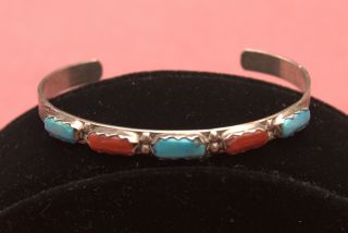 Sterling Silver Bracelet Turquoise And Coral - F.  Cheama - Zuni photo