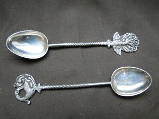 Oriental Pair Salt Spoons With A Peacock On Top Sterling Silver Circa 1880 photo