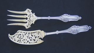 Antique French Gilded Sterling Silver Fish Server Set 2/ps Rococo photo