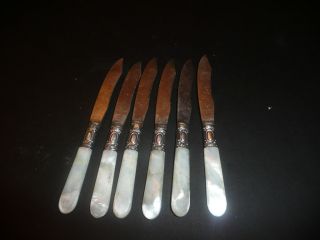 Mother Of Pearl Dessert Knives - Handle With Sterling Silver Band - Six photo