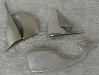 Beau Sterling Nautical Pin Brooch Set Of 3 Sailboat Whale Boat photo