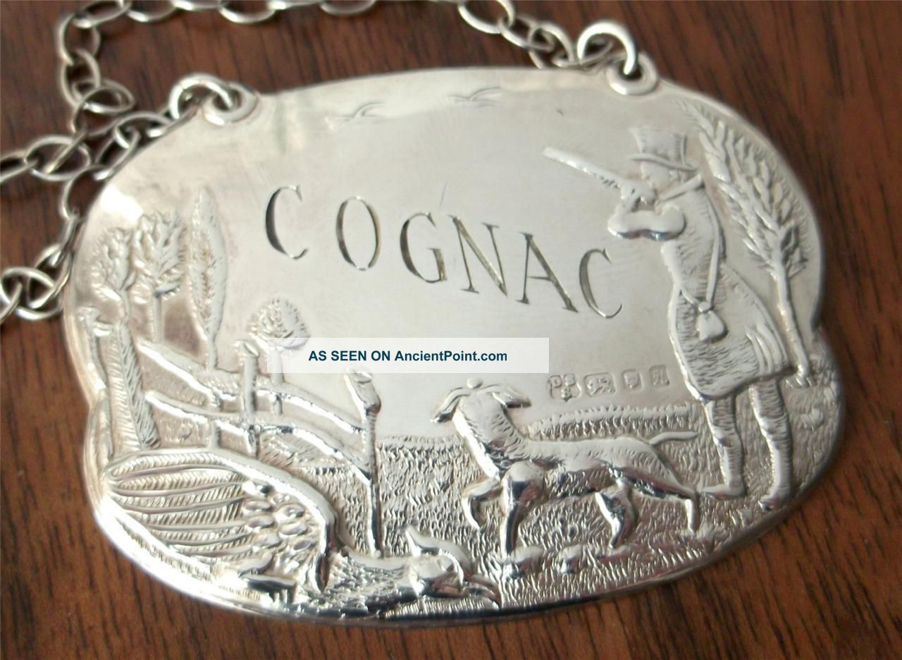 Fine Solid Silver Hunting Scene Cognac Spirit Label - With Box - London 1982 Other photo