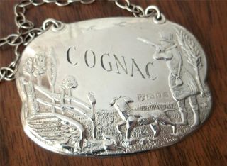 Fine Solid Silver Hunting Scene Cognac Spirit Label - With Box - London 1982 photo