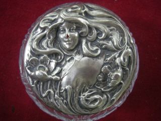 Antq Art Nouveau Sterling Lid Cut Glass Powder Jar Nouveau Lady Flowing Hair photo