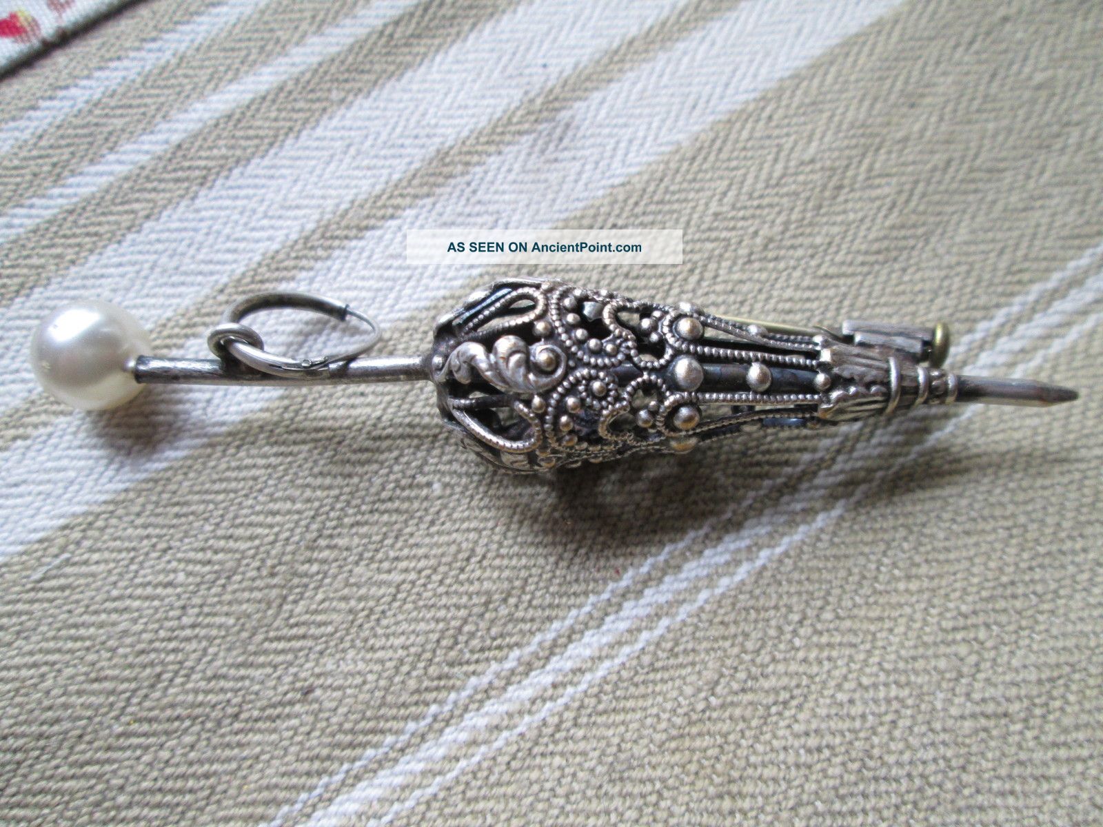 Antique Brooch/pendant Silver Tone Art Deco Umbrella And Imitation Pearl Other photo