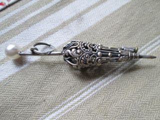 Antique Brooch/pendant Silver Tone Art Deco Umbrella And Imitation Pearl photo