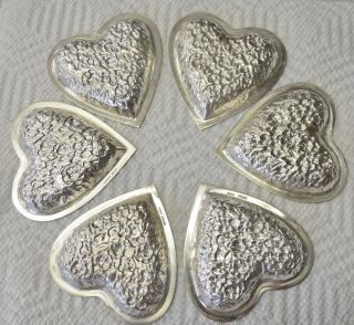 Antique Stieff Sterling Slver Repousse Rose Heart Shaped Pin Nut Dishes Set 6 photo