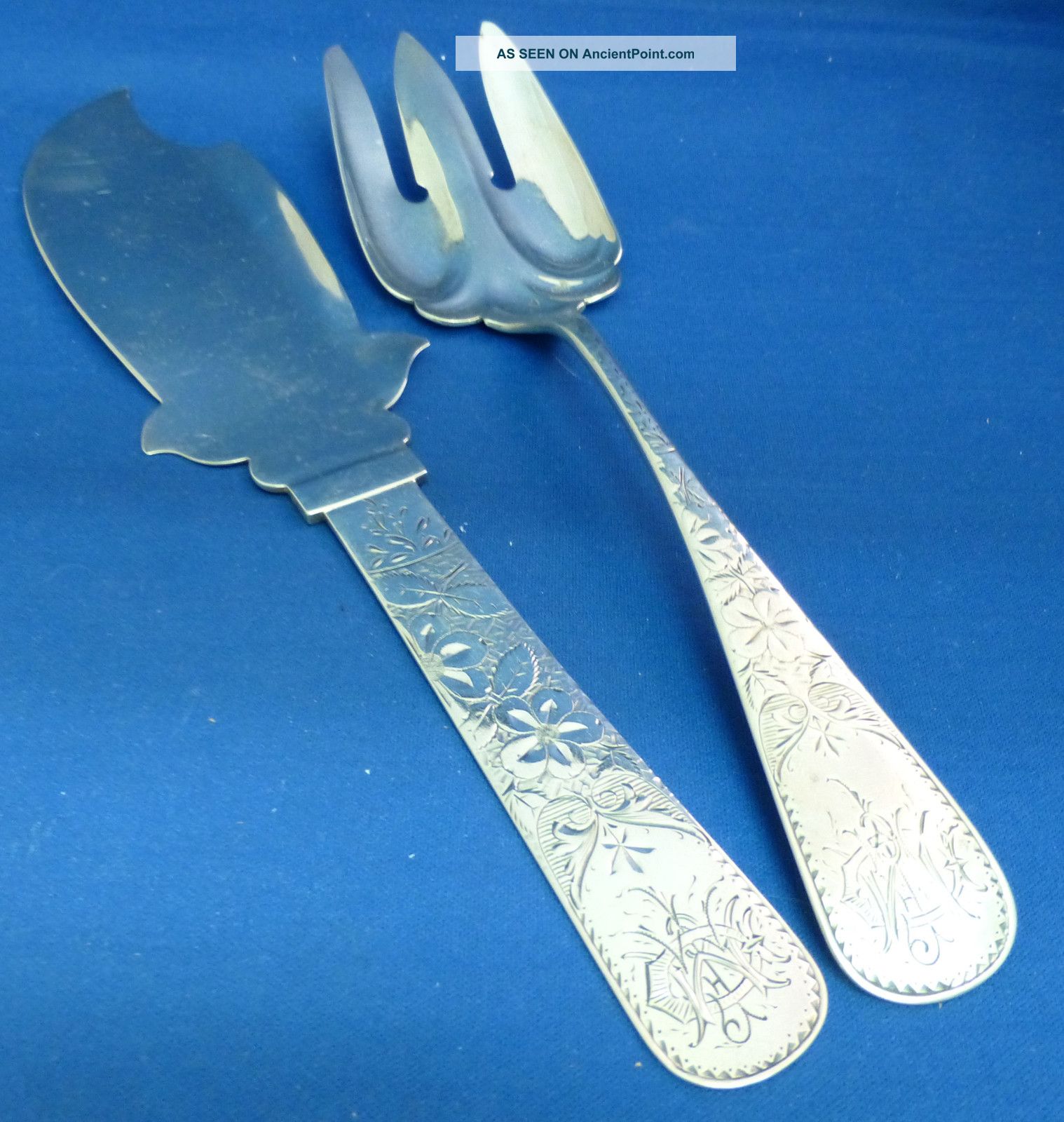 Wonderfully Etched Early Large Sterling Fish Set - Mono ' D Other photo
